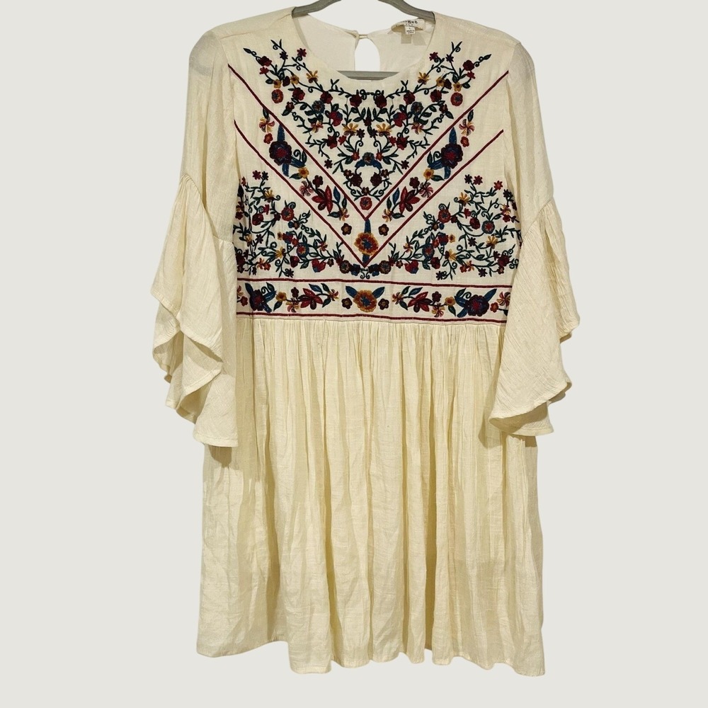 Umgee Dress Womens Large White Embroidered Floral Bell Sleeve Boho Swing‎ Mini